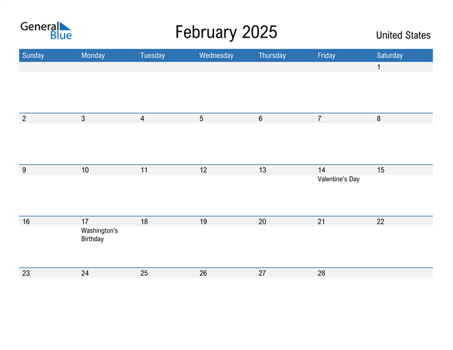 United States February 2025 Calendar with Holidays