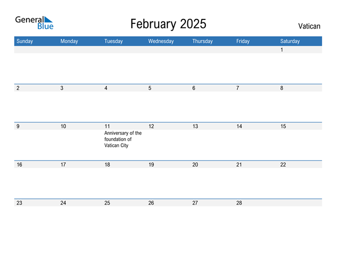 February 2025 Calendar with Vatican Holidays