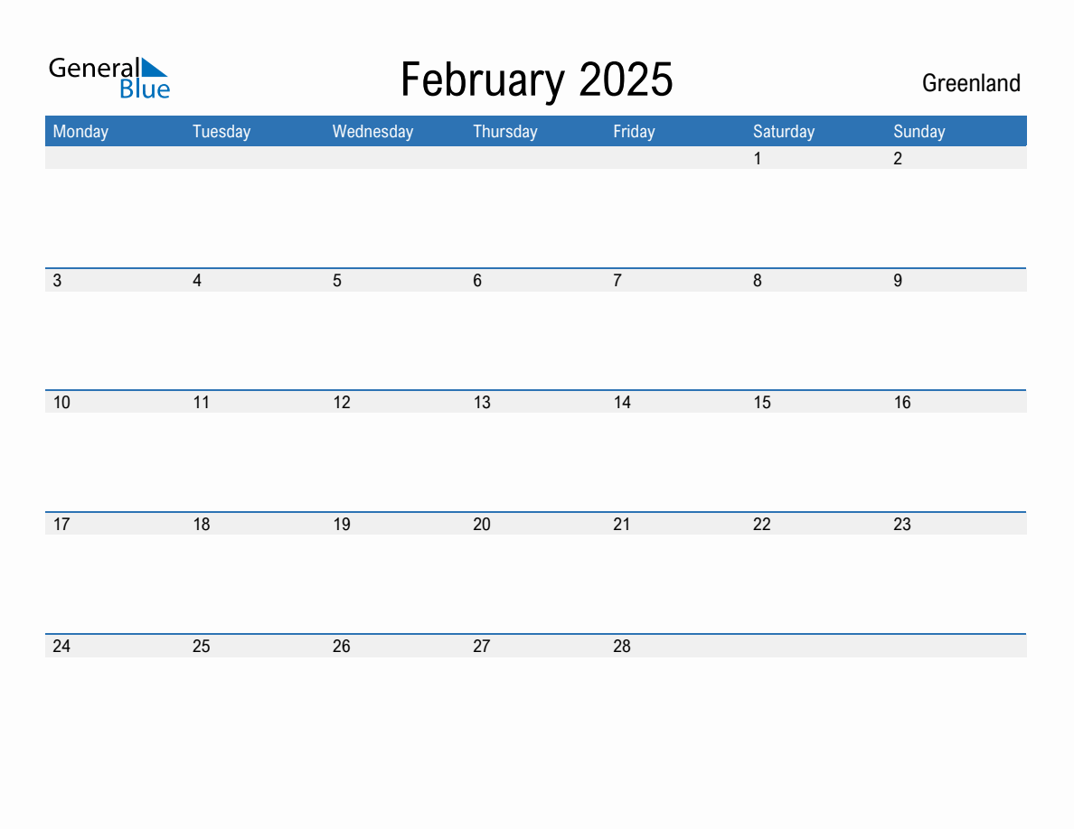 Editable February 2025 Calendar with Greenland Holidays