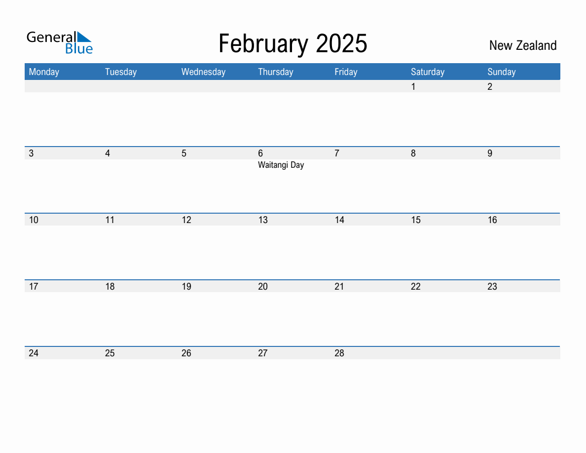 Editable February 2025 Calendar with New Zealand Holidays