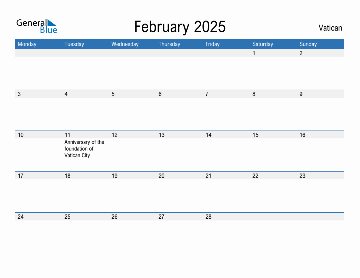 Editable February 2025 Calendar with Vatican Holidays