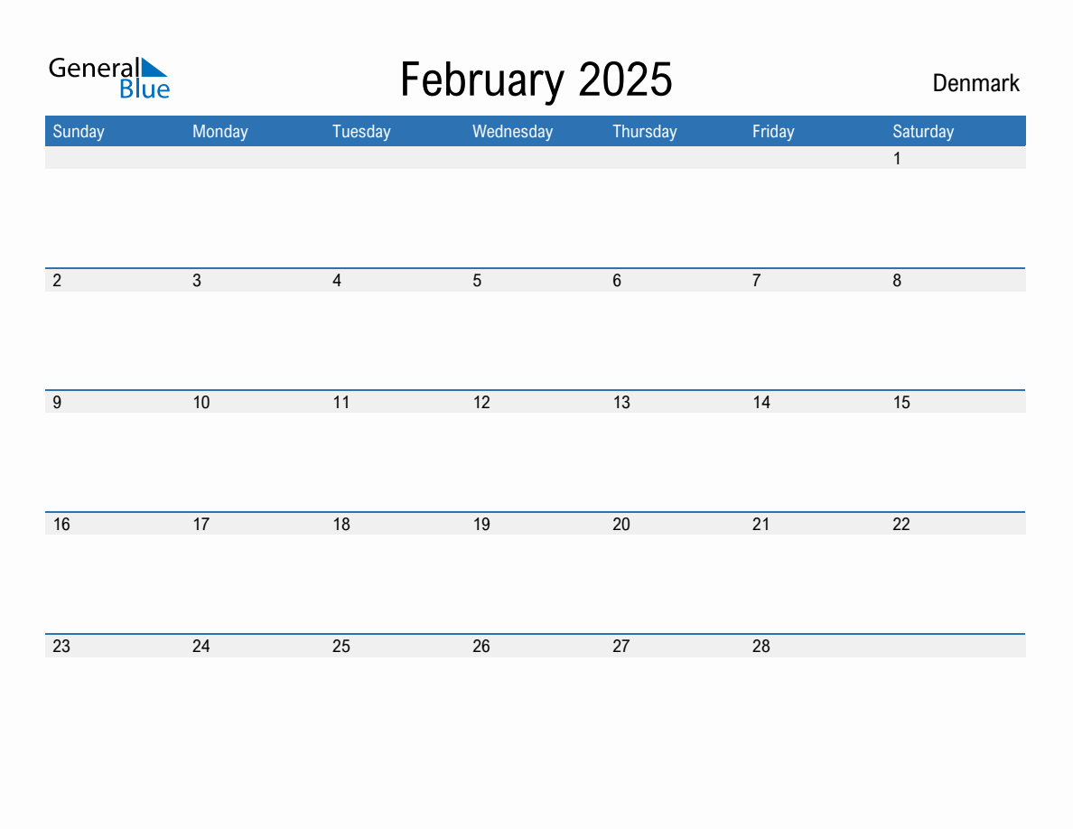 Editable February 2025 Calendar with Denmark Holidays