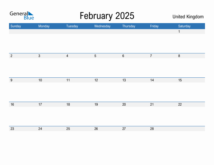 Editable February 2025 Calendar with United Kingdom Holidays