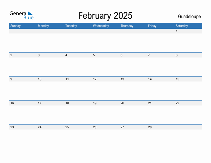 Editable February 2025 Calendar with Guadeloupe Holidays