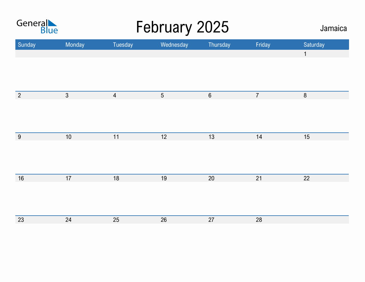 Editable February 2025 Calendar with Jamaica Holidays