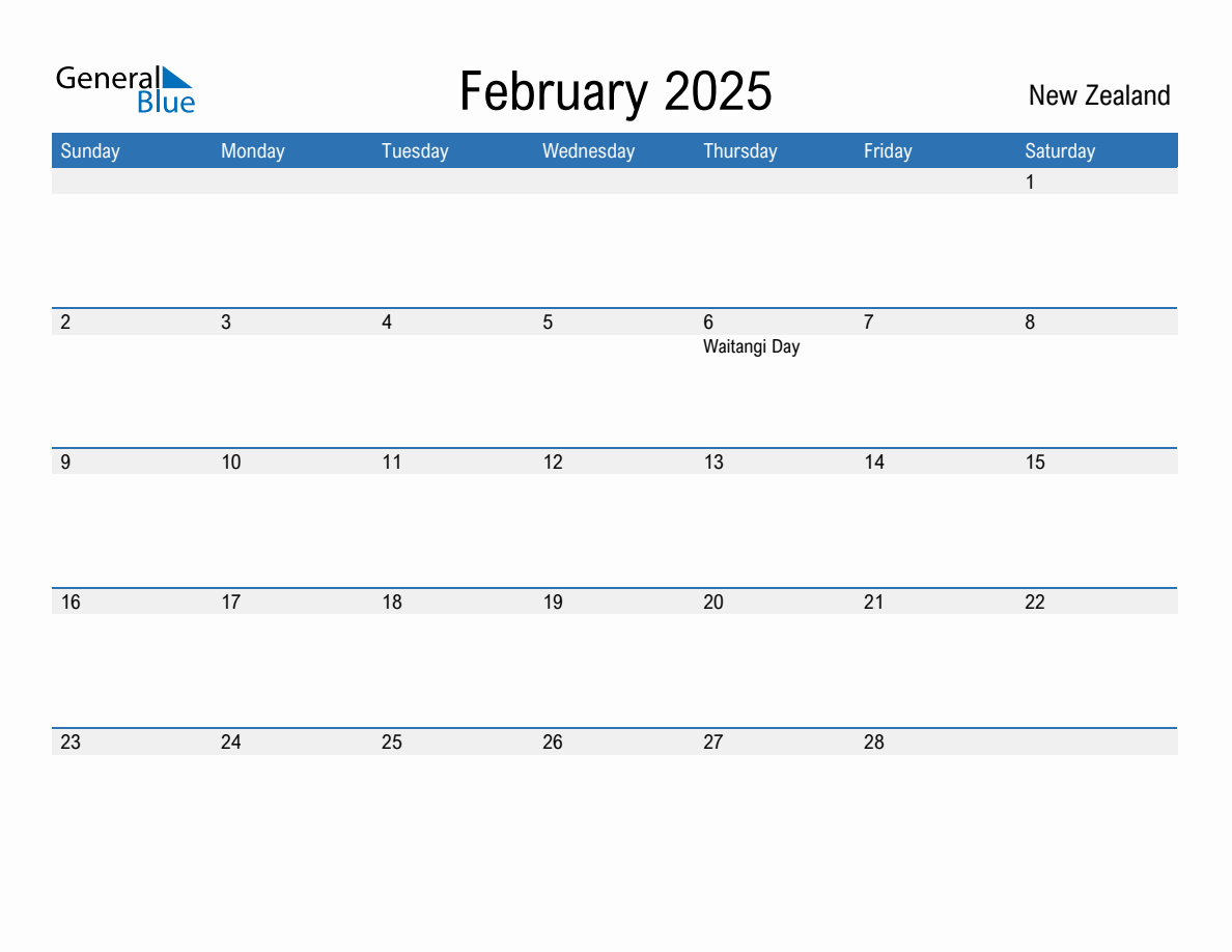 Editable February 2025 Calendar with New Zealand Holidays