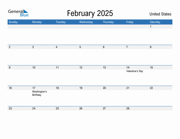 February 2025 Monthly Calendar with United States Holidays