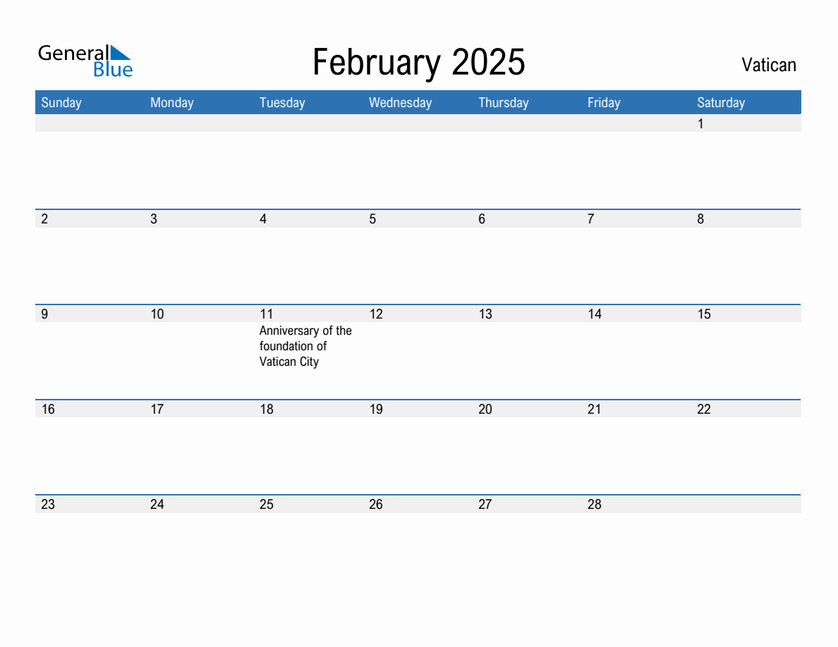 Editable February 2025 Calendar with Vatican Holidays