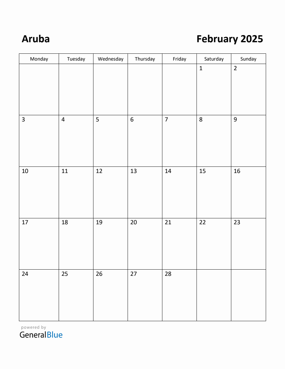 Free Printable February 2025 Calendar for Aruba