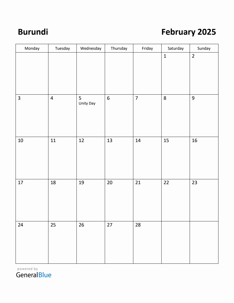 Free Printable February 2025 Calendar for Burundi