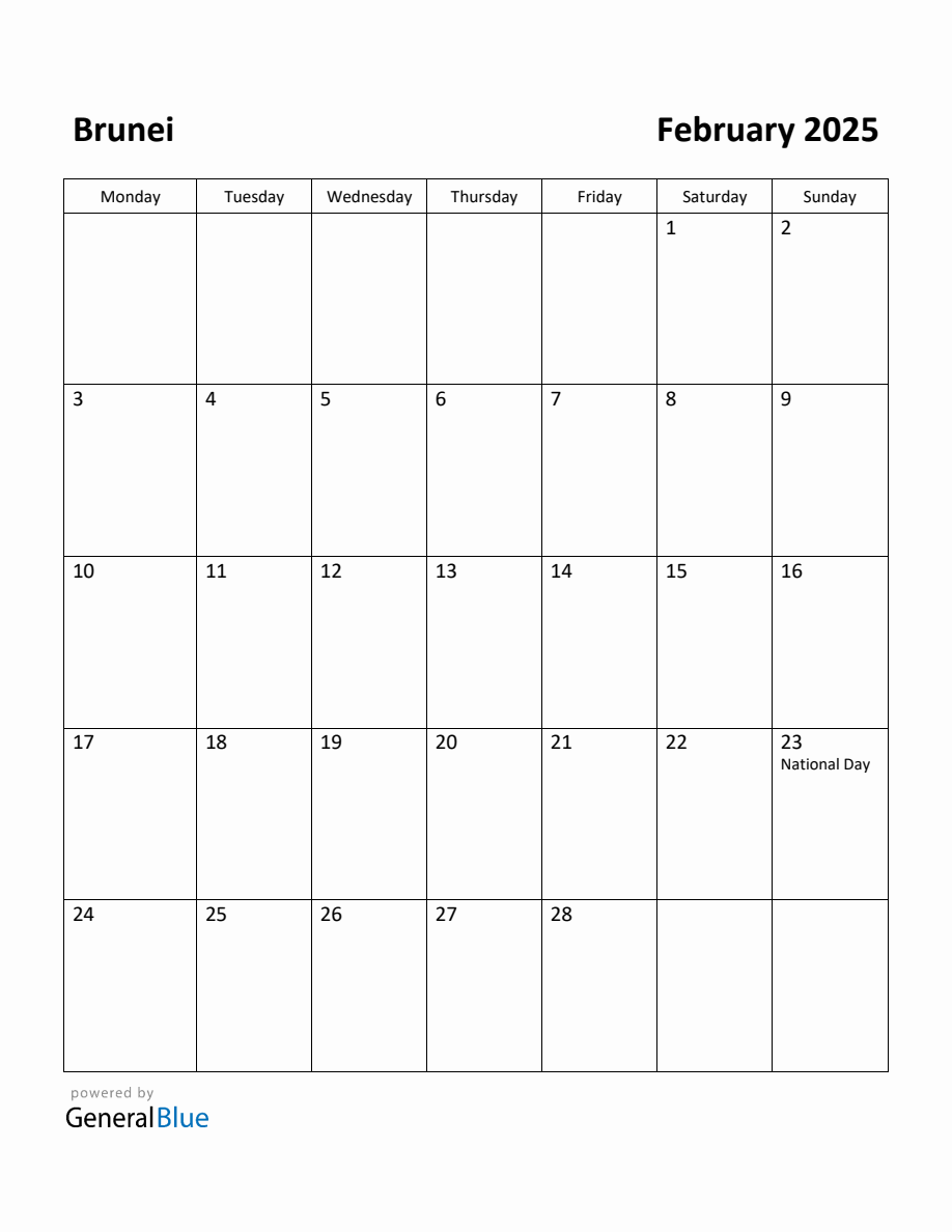 Free Printable February 2025 Calendar for Brunei