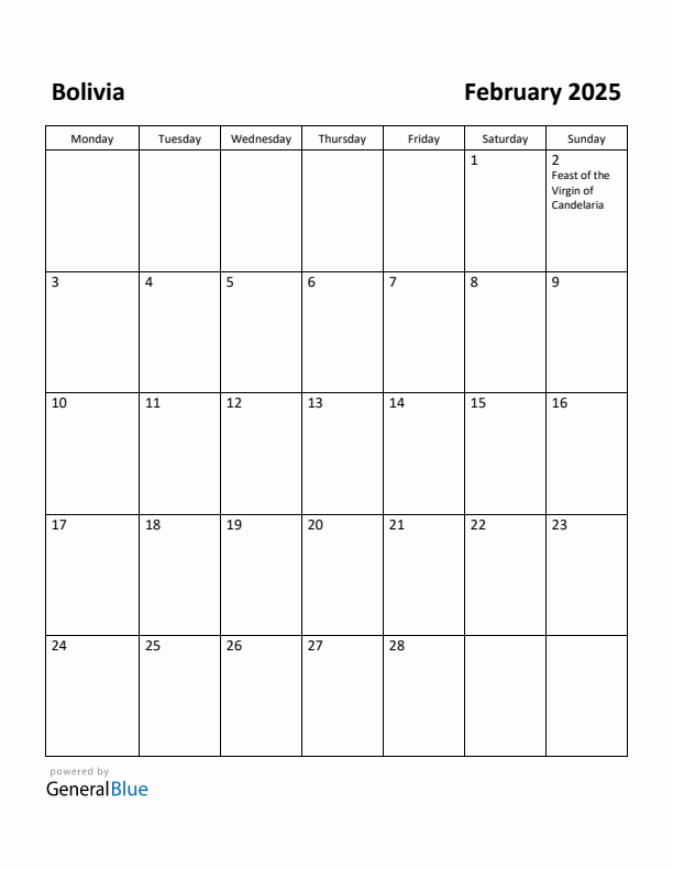February 2025 Calendar with Bolivia Holidays