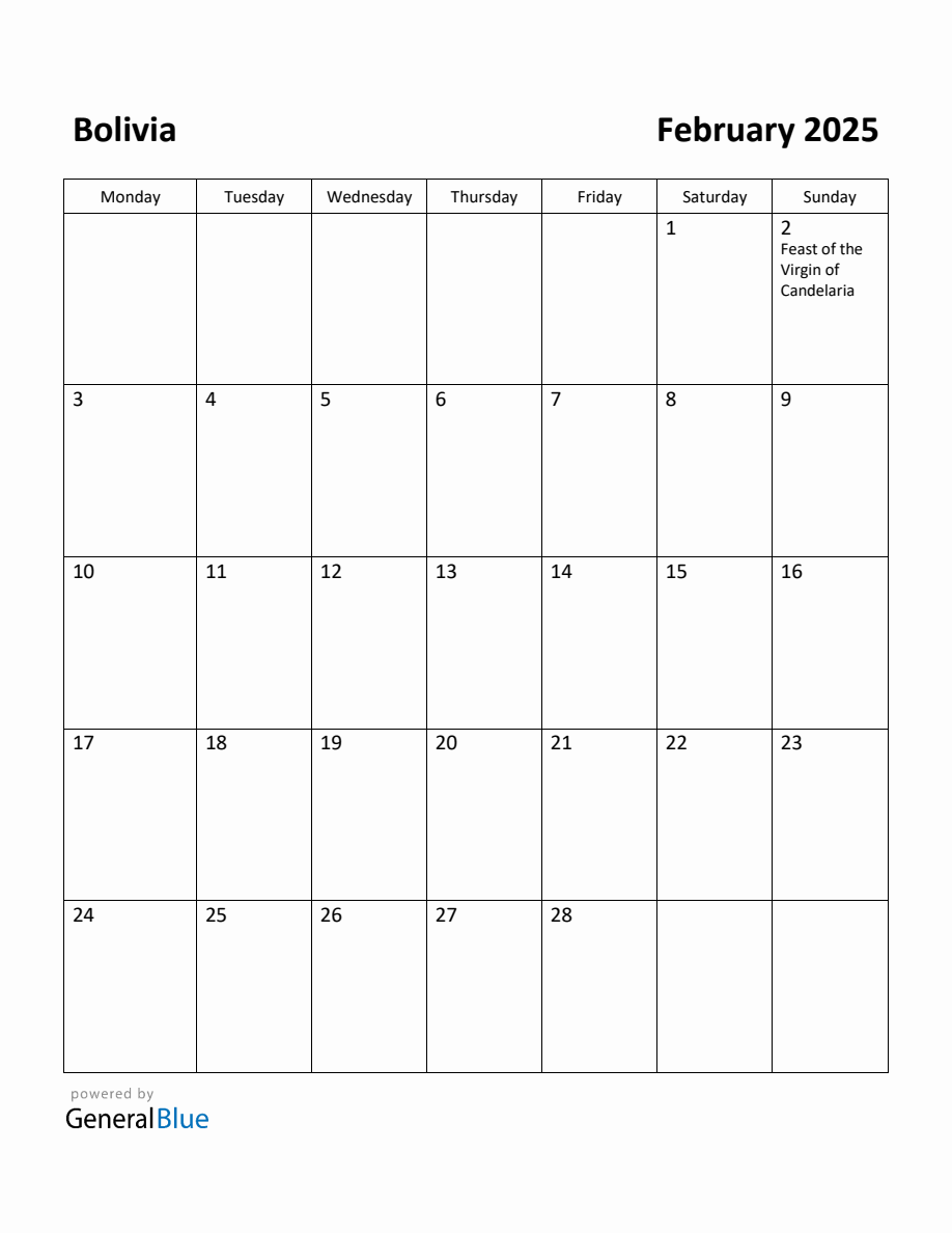 Free Printable February 2025 Calendar for Bolivia