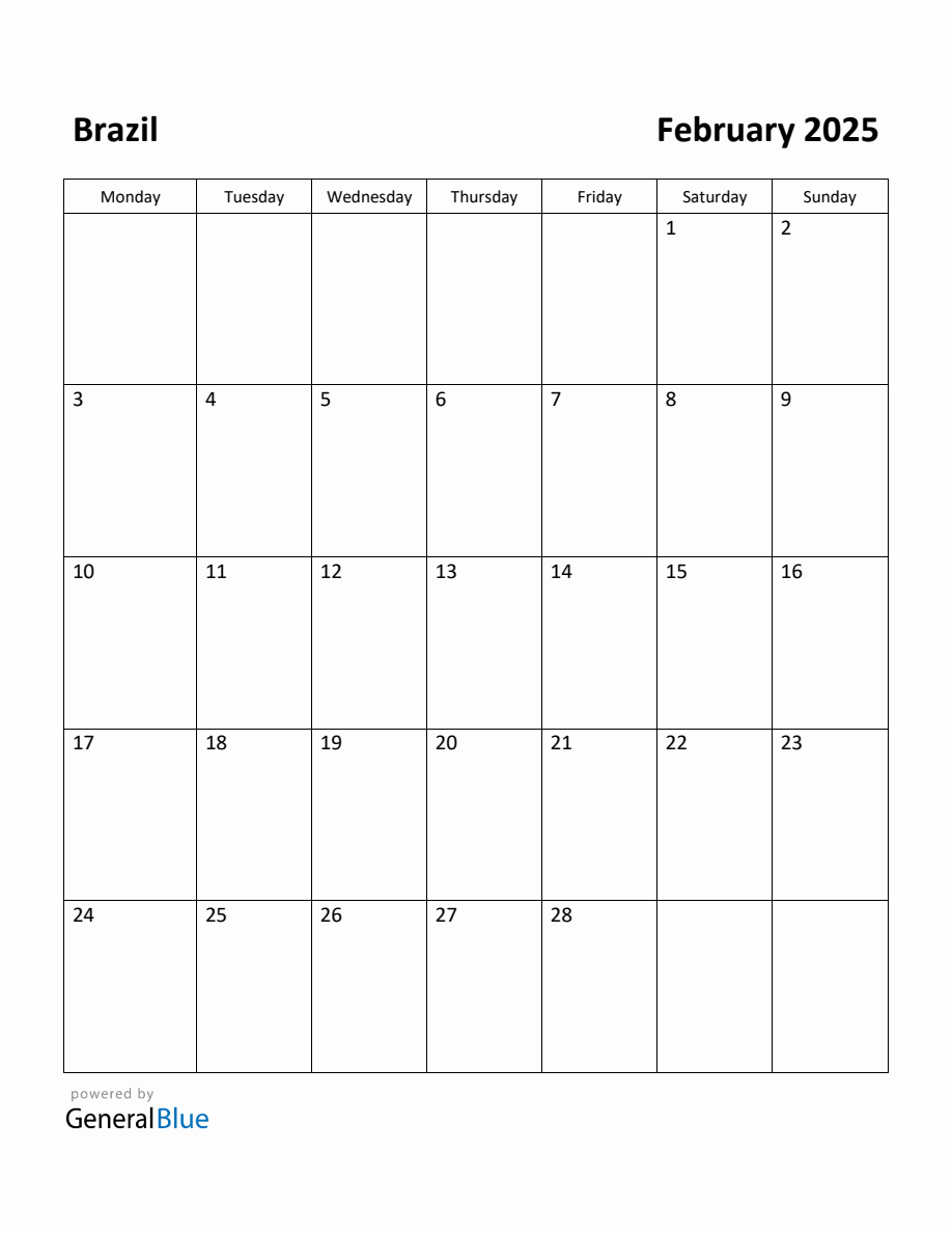 Free Printable February 2025 Calendar for Brazil