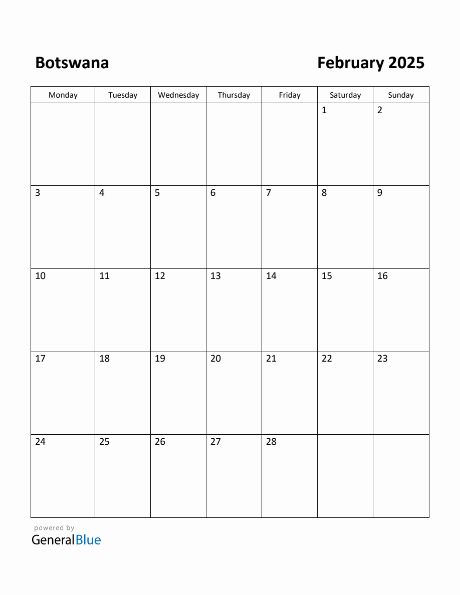 Free Printable February 2025 Calendar for Botswana