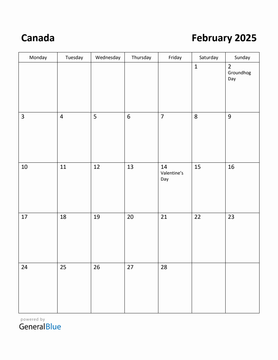Free Printable February 2025 Calendar for Canada
