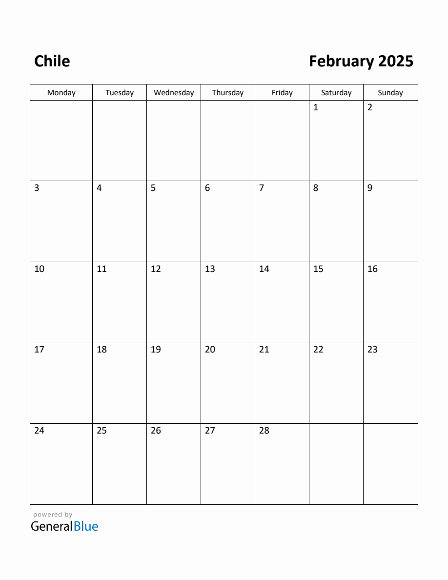 Free Printable February 2025 Calendar for Chile