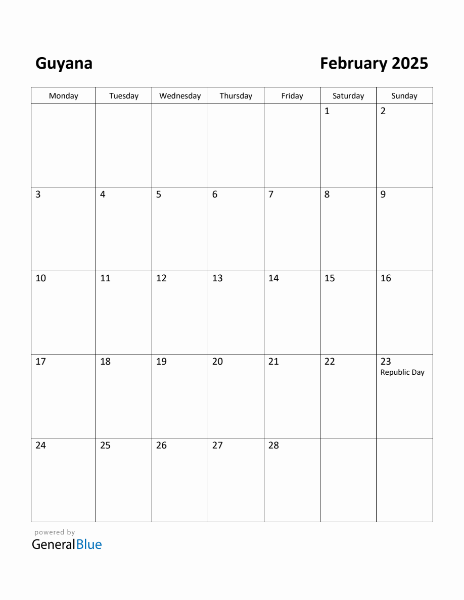 Free Printable February 2025 Calendar for Guyana