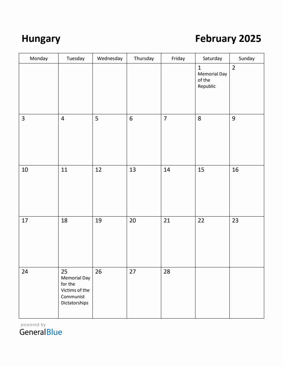 Free Printable February 2025 Calendar for Hungary