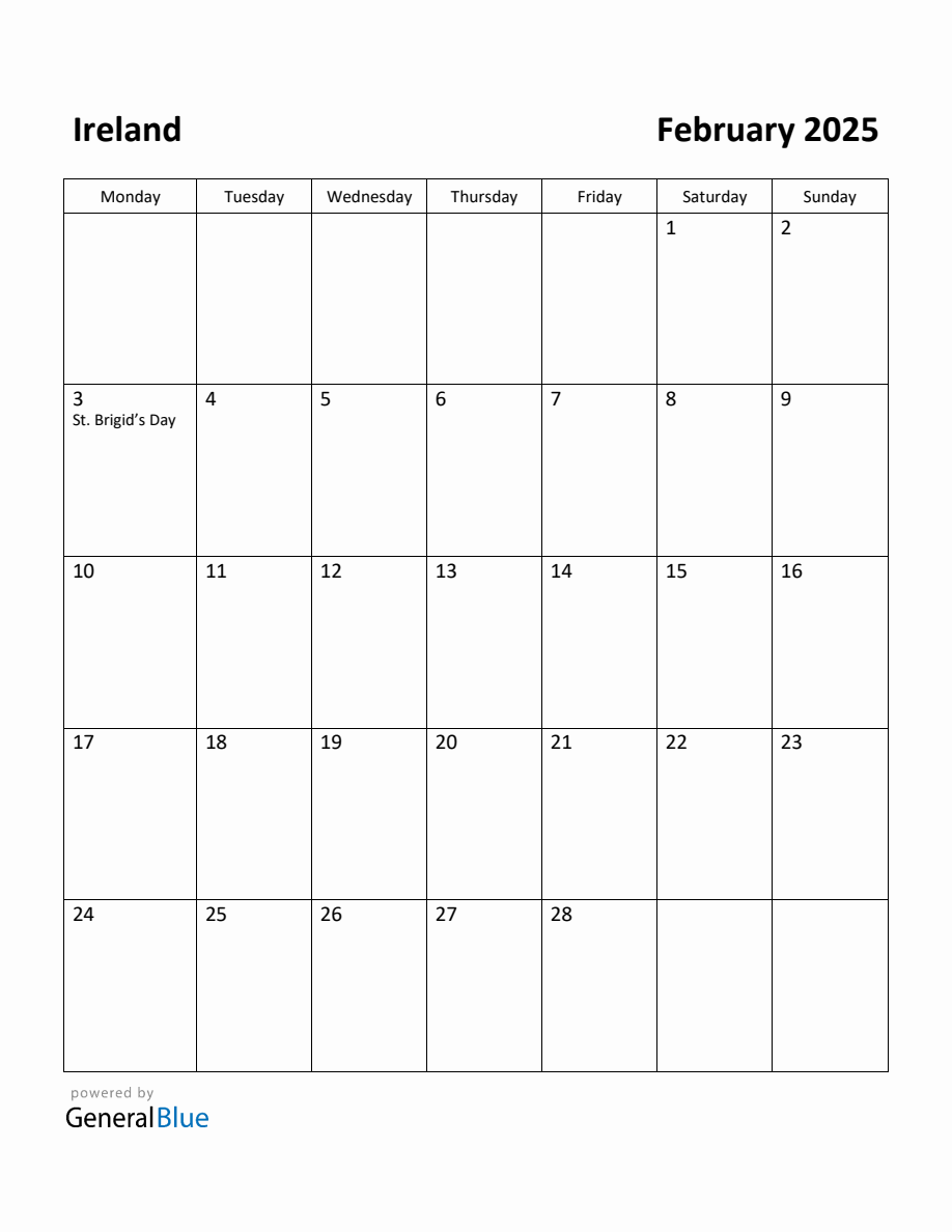 Free Printable February 2025 Calendar For Ireland