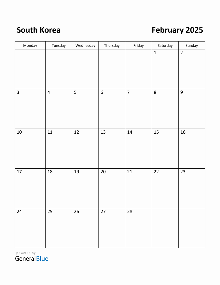 Free Printable February 2025 Calendar for South Korea