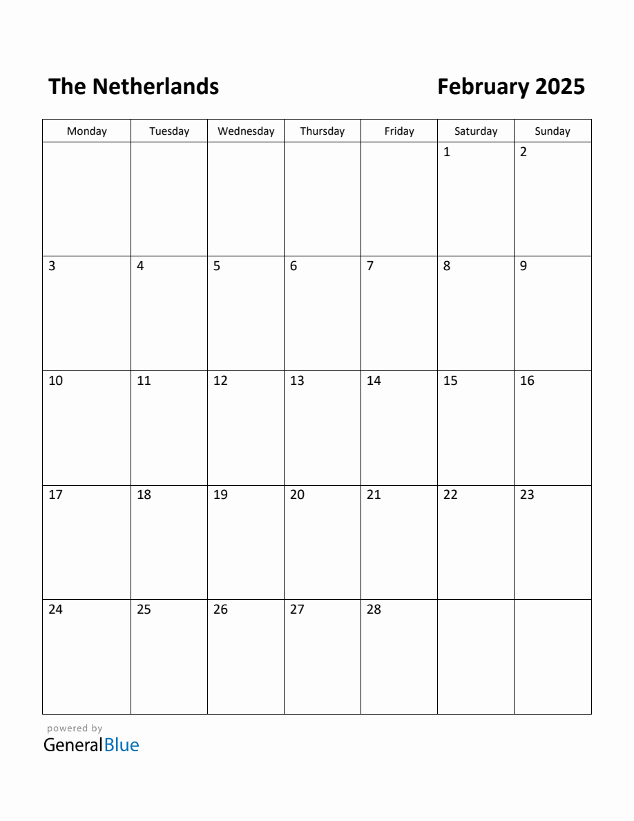 Free Printable February 2025 Calendar for Netherlands