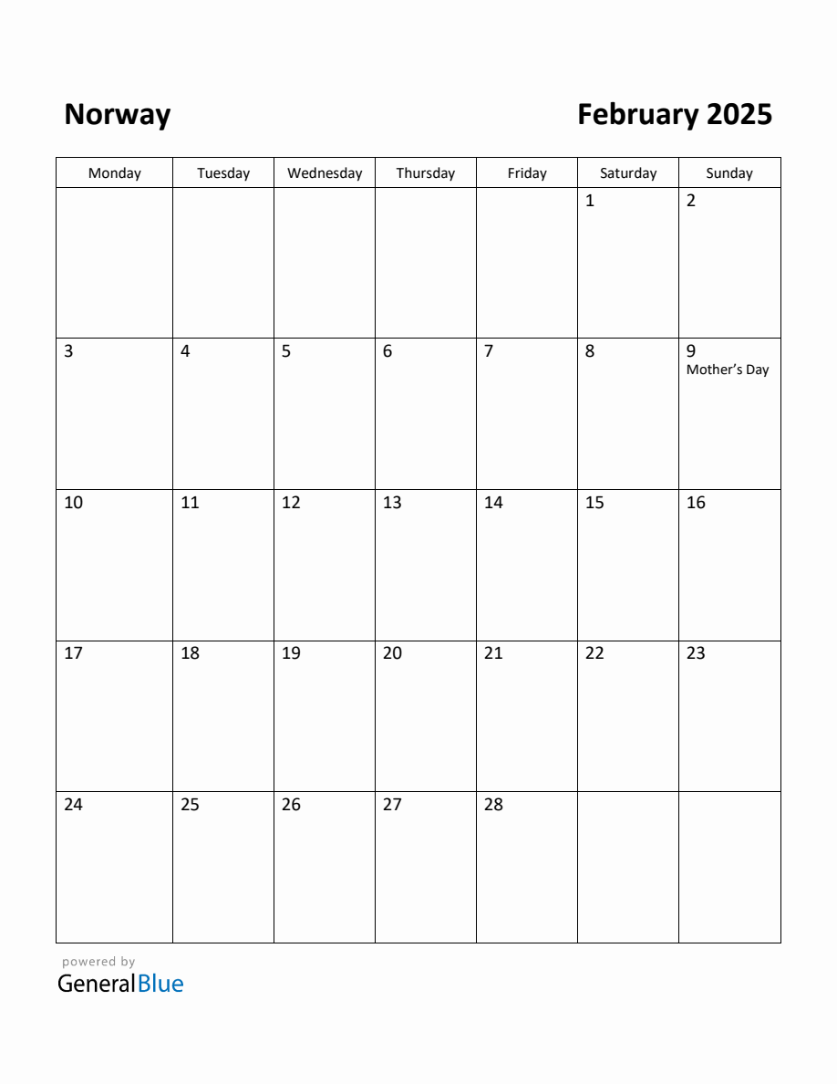 Free Printable February 2025 Calendar for Norway