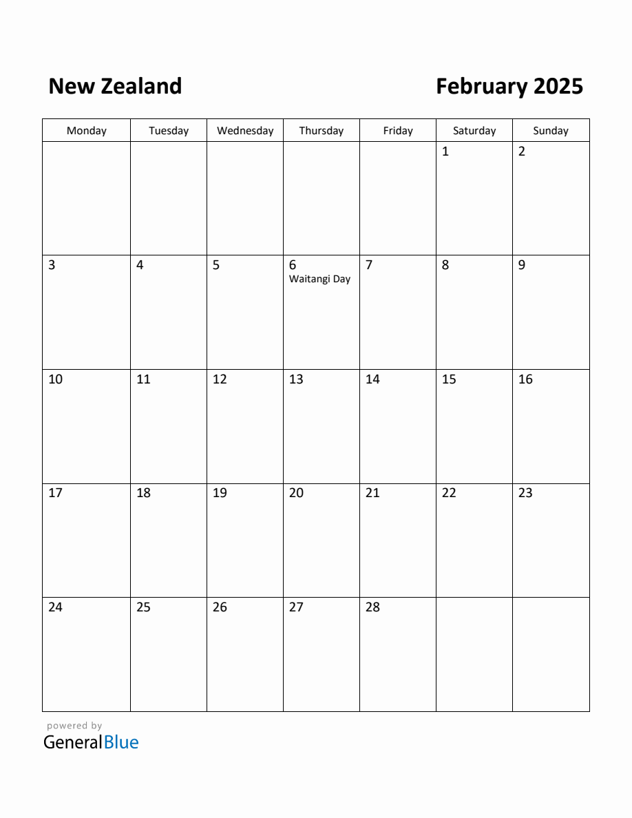 Free Printable February 2025 Calendar for New Zealand