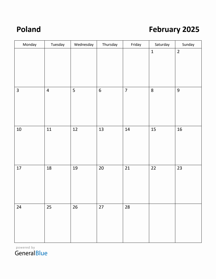 Free Printable February 2025 Calendar for Poland