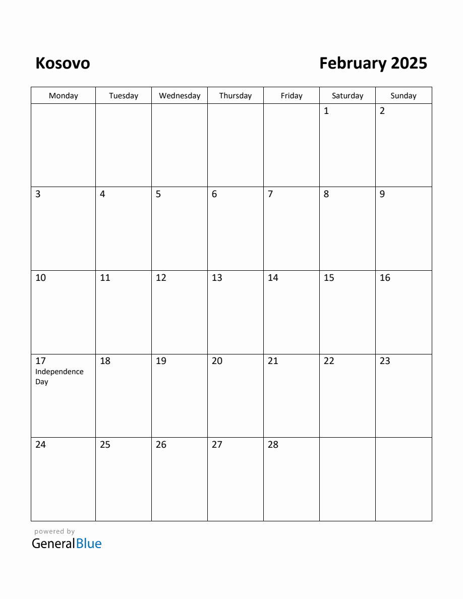 Free Printable February 2025 Calendar for Kosovo