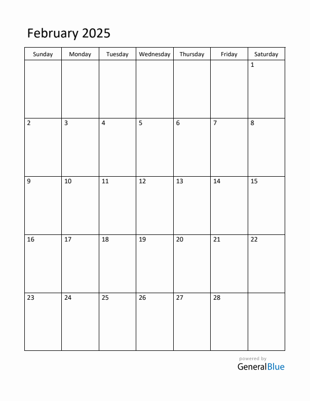 Sunday Start Calendar for February 2025