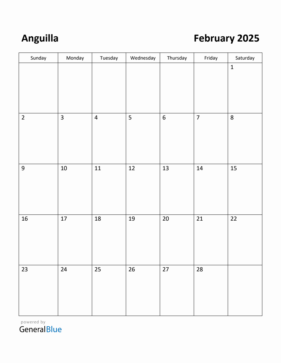 Free Printable February 2025 Calendar for Anguilla