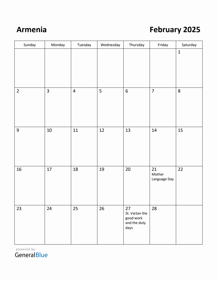 Free Printable February 2025 Calendar for Armenia