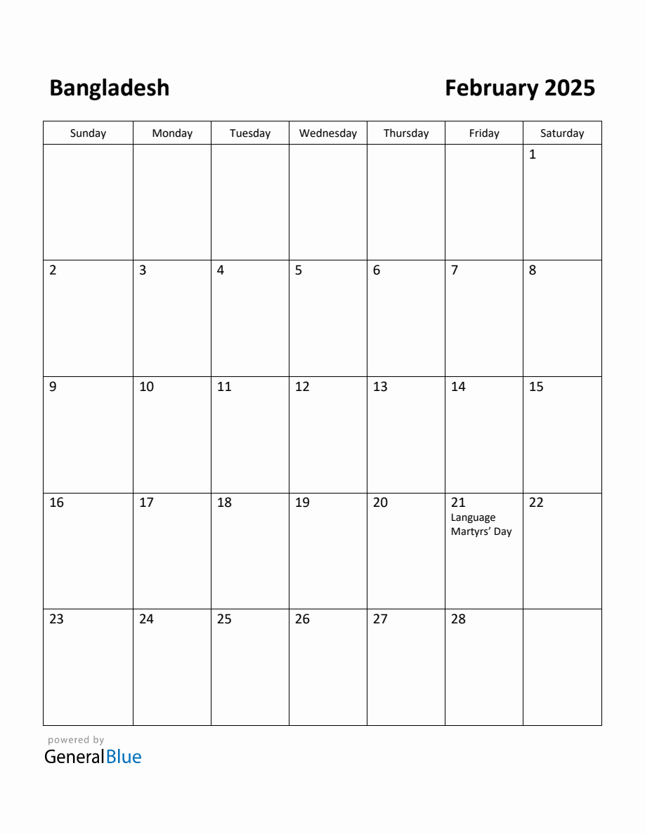 Free Printable February 2025 Calendar For Bangladesh