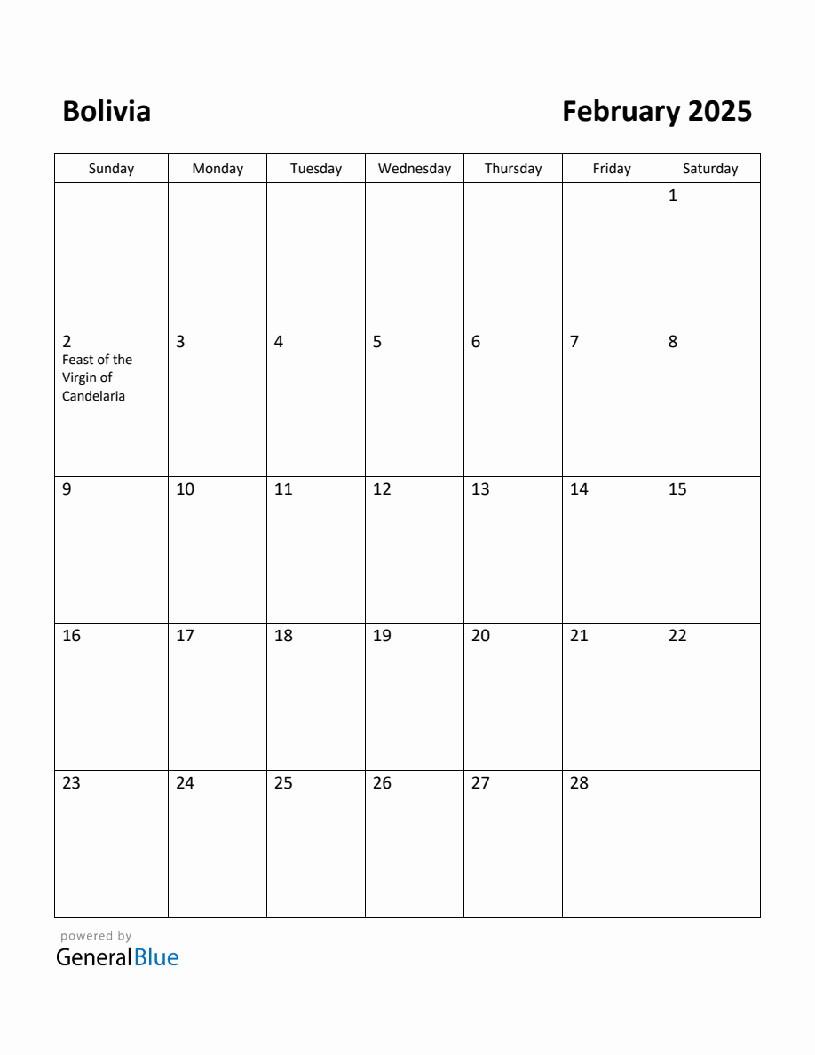 Free Printable February 2025 Calendar for Bolivia