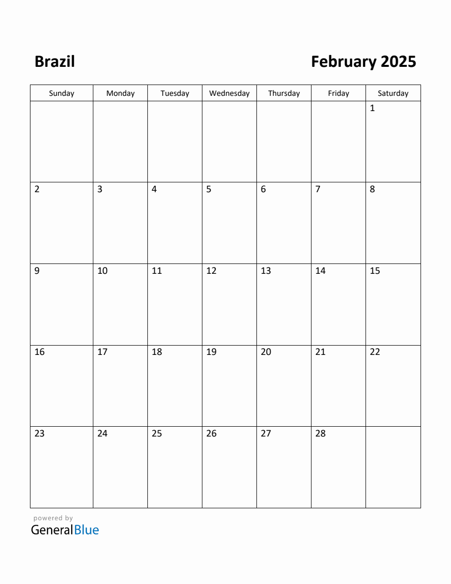 Free Printable February 2025 Calendar for Brazil