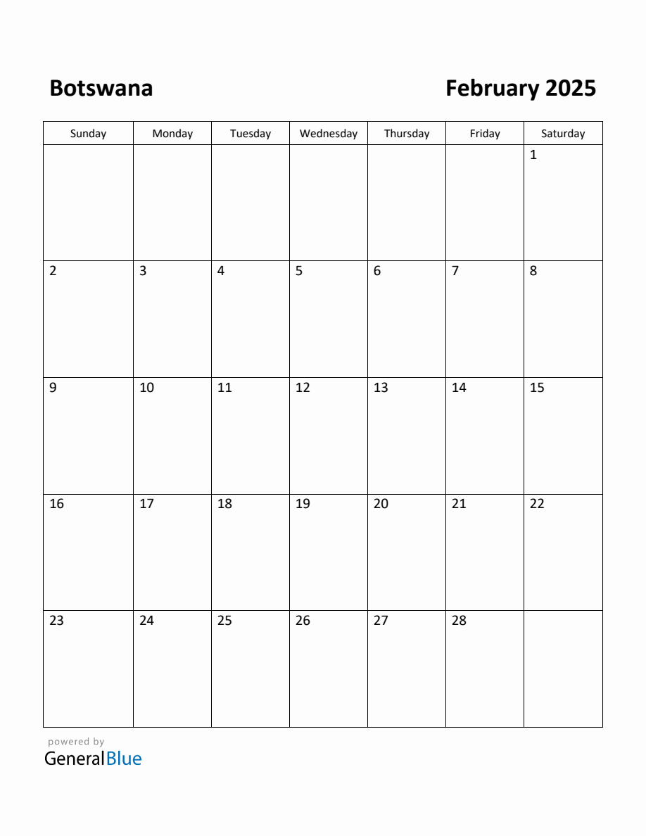 Free Printable February 2025 Calendar for Botswana