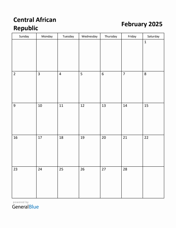 February 2025 Calendar with Central African Republic Holidays