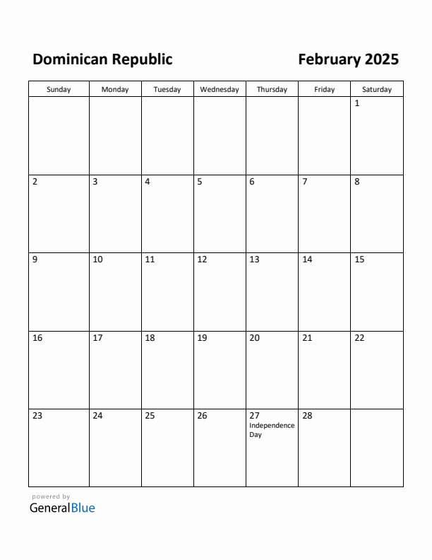 Free Printable February 2025 Calendar for Dominican Republic