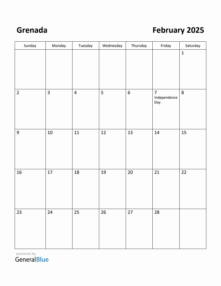 Free Printable February 2025 Calendar for Grenada