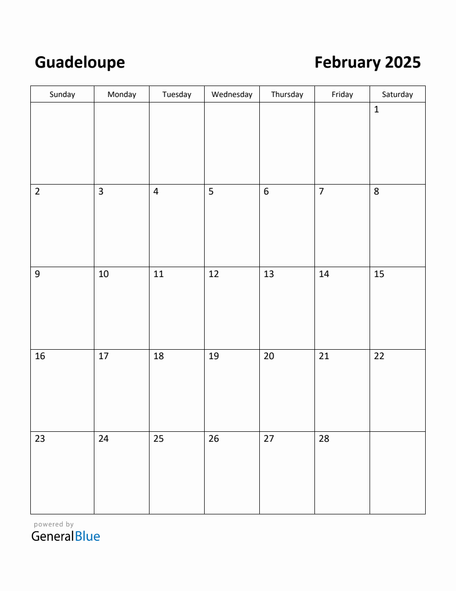 Free Printable February 2025 Calendar for Guadeloupe