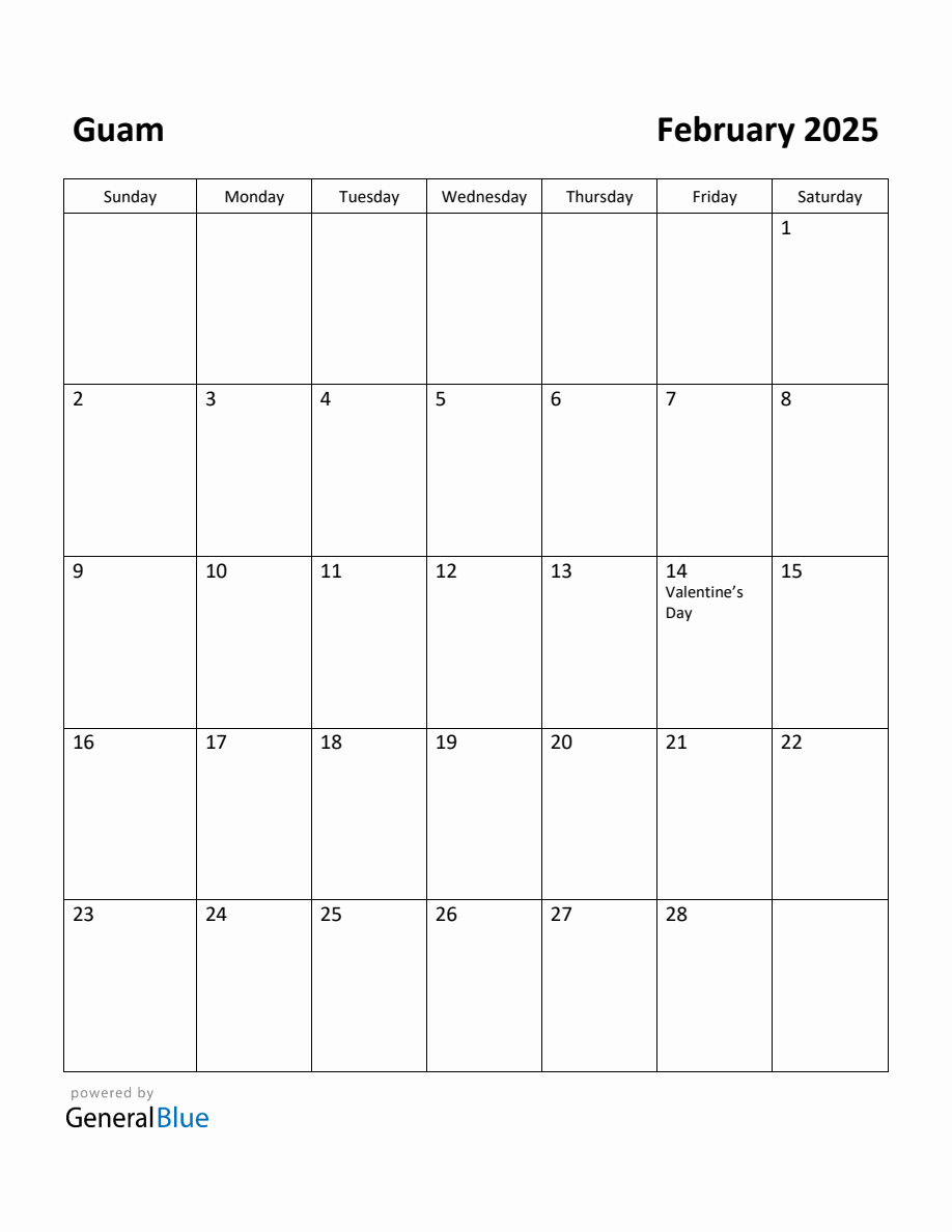 Free Printable February 2025 Calendar for Guam