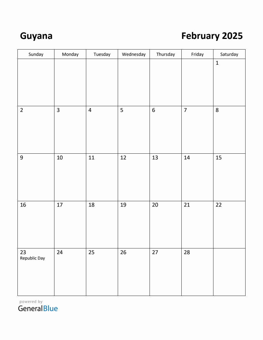 Free Printable February 2025 Calendar for Guyana