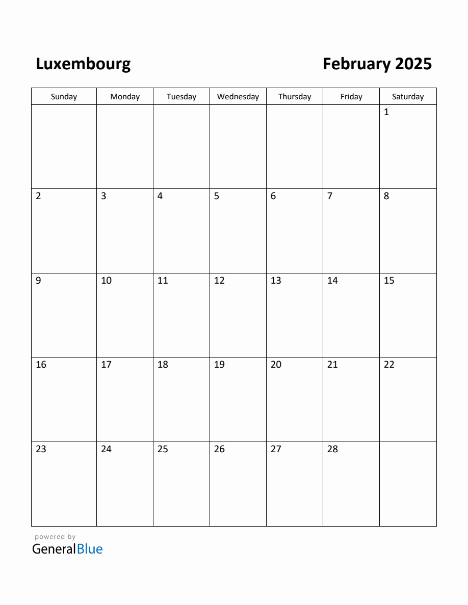 Free Printable February 2025 Calendar for Luxembourg