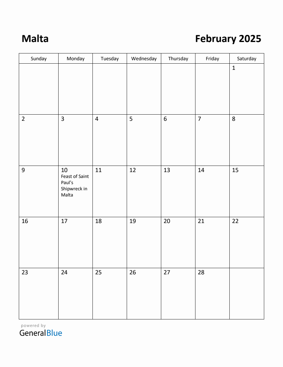 Free Printable February 2025 Calendar for Malta