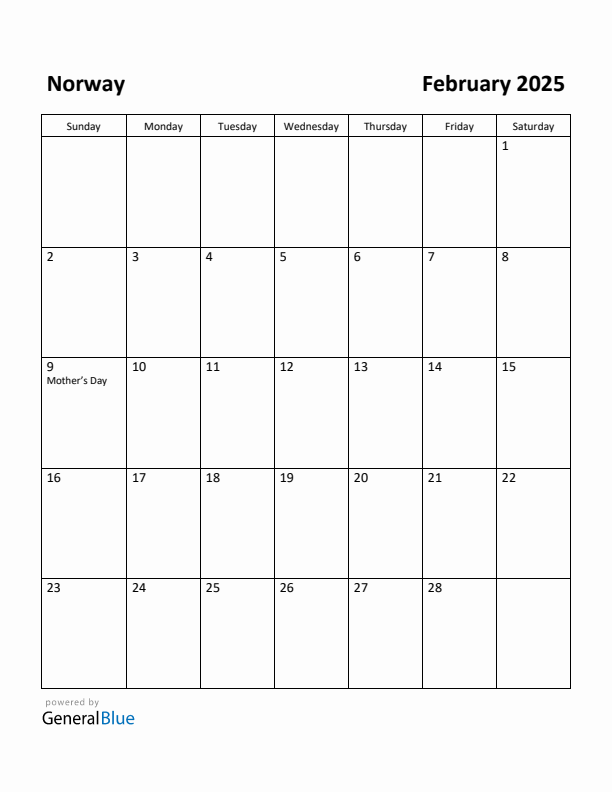 February 2025 Calendar with Norway Holidays