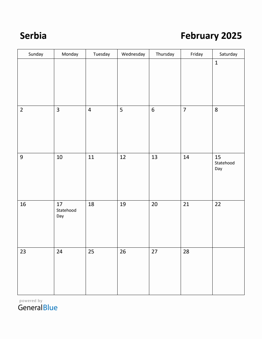 Free Printable February 2025 Calendar for Serbia