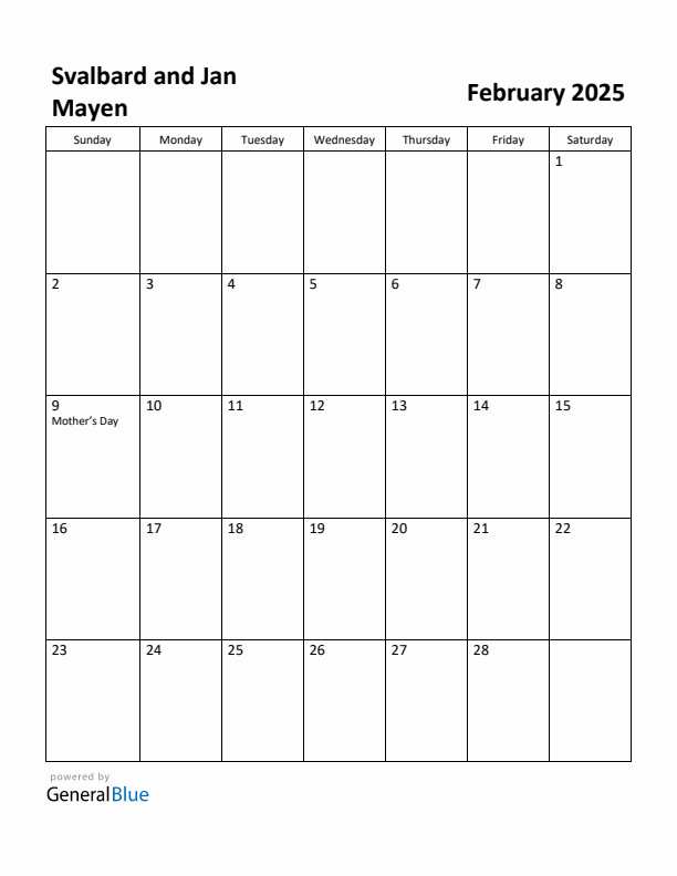 Free Printable February 2025 Calendar for Svalbard and Jan Mayen