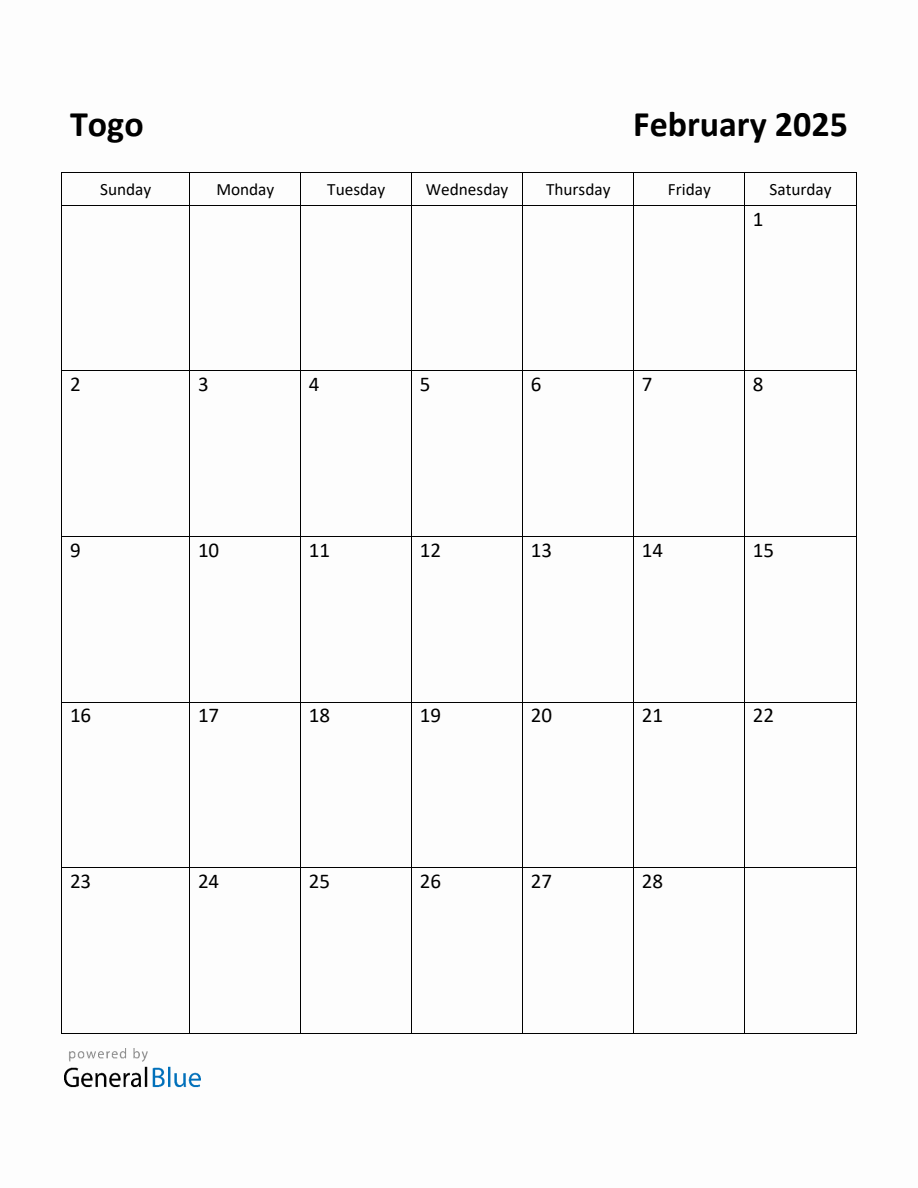 Free Printable February 2025 Calendar for Togo