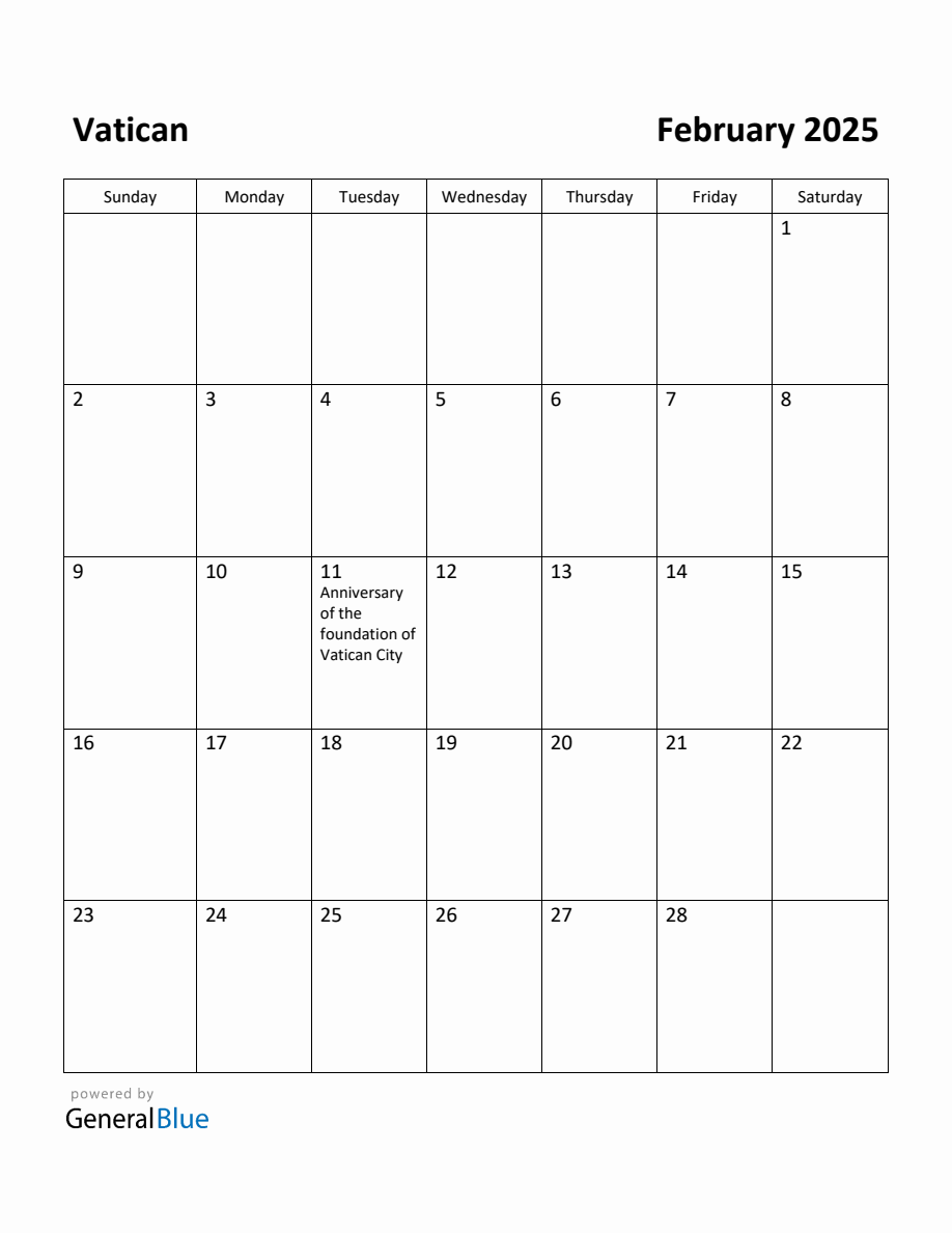 Free Printable February 2025 Calendar for Vatican